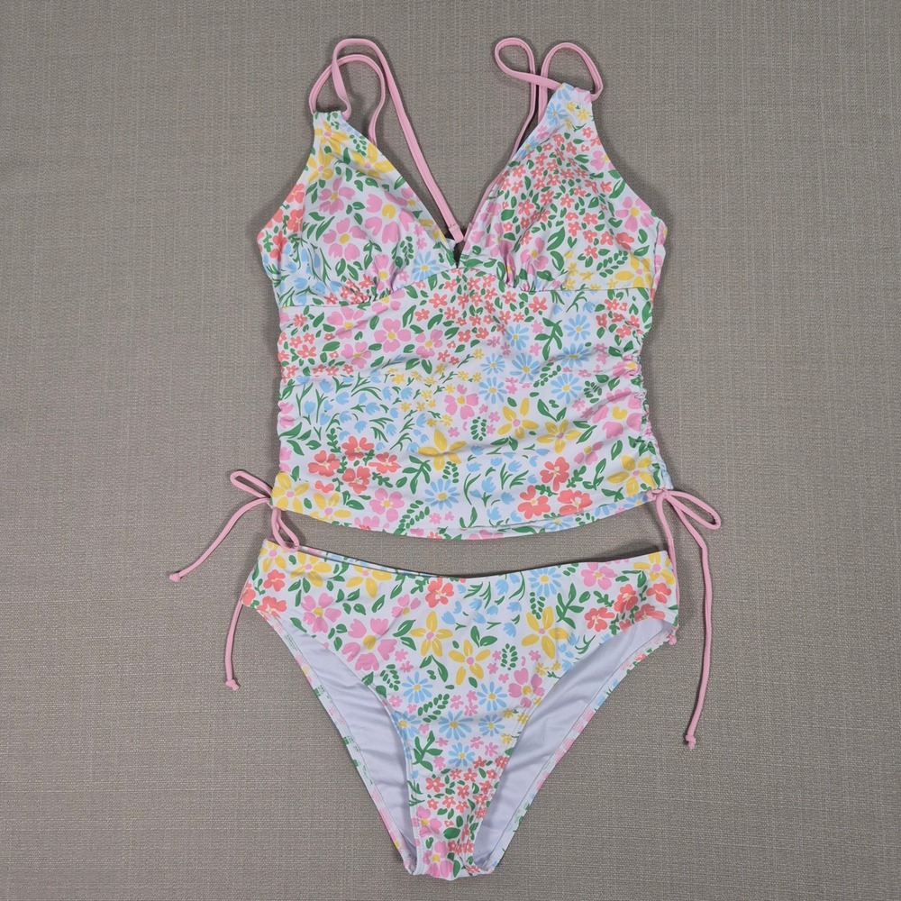 Zaful Floral Tankini Swimsuit Set Tummy Control Ruched Two Piece Pink Blue L New